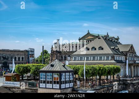 Italienisches Dorf und Semperoper am Theaterplatz in der inneren Altstadt von Dresden, Sachsen, Deutschland, nur für redaktionelle Zwecke. Stockfoto