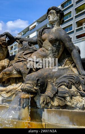 Westlicher Nymphe-Brunnen auf dem Neustädter Markt in Dresden, Sachsen, Deutschland. Stockfoto