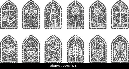 Glasfenster mit Mosaik. Religiös-katholische und christliche Rahmen mit Muster. Mittelalterliche Buntbögen isoliert auf weißem Hintergrund Stock Vektor