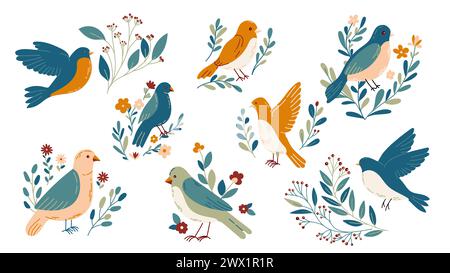 Vögel und Blumen mit verschiedenen Ornamenten. Vogel im einfachen Cartoon-Stil. Illustration des flachen Vektors Stock Vektor