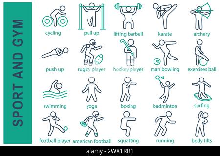 Sport-Symbole. Sport- und Fitnessstudio-Set-Symbol. Schwimmen, Yoga, Boxen, Badminton, Fußballspieler, rugby-Spieler, Hockeyspieler und mehr. Liniensymbolstil. Sport Stock Vektor
