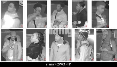 BESTE QUALITÄT VERFÜGBAR undatierte Unterlagen CCTV-Bilder von der Metropolitan Police of Witces Detectives möchten im Zusammenhang mit der tödlichen Erschießung eines 18-jährigen Mannes außerhalb eines Rave im Jahr 2021 sprechen. Alex Ajanaku saß am 1. September 2021 um 1.25 Uhr auf einer Bank mit seinem Bruder und Freunden in der Beaumont Road, Leyton, East London, als er getötet wurde. Ausgabedatum: Mittwoch, 27. März 2024. Stockfoto