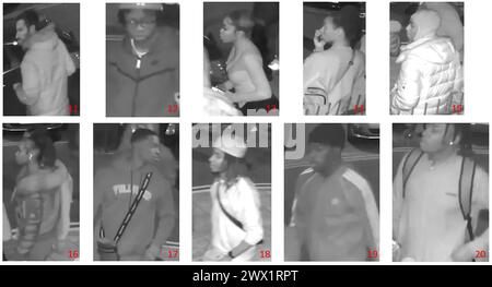 BESTE QUALITÄT VERFÜGBAR undatierte Unterlagen CCTV-Bilder von der Metropolitan Police of Witces Detectives möchten im Zusammenhang mit der tödlichen Erschießung eines 18-jährigen Mannes außerhalb eines Rave im Jahr 2021 sprechen. Alex Ajanaku saß am 1. September 2021 um 1.25 Uhr auf einer Bank mit seinem Bruder und Freunden in der Beaumont Road, Leyton, East London, als er getötet wurde. Ausgabedatum: Mittwoch, 27. März 2024. Stockfoto