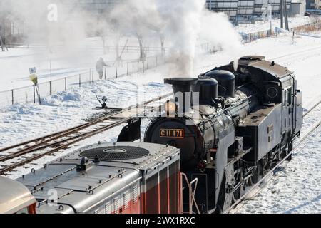 Japanische Touristendampflokomotive im Winter Stockfoto