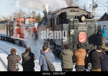 Eine Reihe japanischer Trainerbesucher, die eine Dampfeisenbahn beobachten Stockfoto