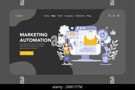 Marketingautomatisierung im Nacht- oder Dunkelmodus – Web oder Landing-Page. Optimierte digitale Kampagnen mit automatisierten Workflows und Analysen für gezielte Kundenkontakte. Vektorabbildung. Stock Vektor