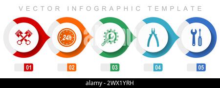 Infografik-Vorlage für Fahrzeugserien und Werkstattflaches Design, verschiedene Symbole wie Kolben, Pillers, Schraubenschlüssel und Werkzeuge, Sammlung von Vektorsymbolen Stock Vektor