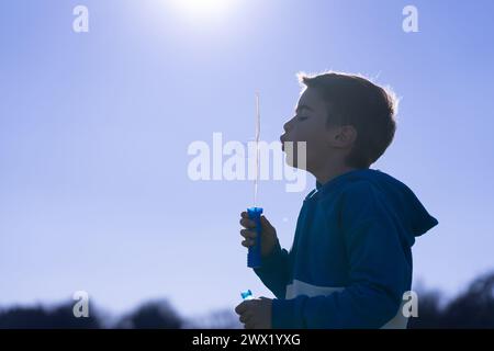 Kind, das Seifenblasen in der Natur spielt Stockfoto