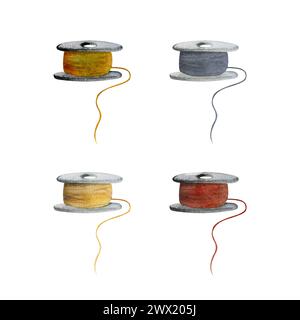 Hand gezeichnet Aquarell Illustration Nähen Handwerk Stickerei Stitching Zubehör. Fadenkugeln Spulen spulen Garn. Gruppe von Objekten, die auf weiß isoliert sind Stockfoto
