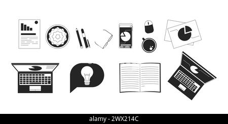 Business Office Essentials Schwarzweiß 2D-Zeilenobjekte Set Stock Vektor