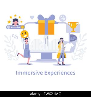 Strategische Ansätze im Marketingkonzept. Immersive Erlebnisse. Interaktives Marketing und Prämien für Kunden. Personalisierte digitale Werbeaktionen. Vektorabbildung. Stock Vektor