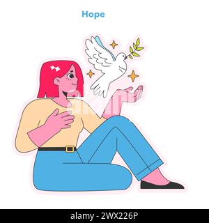 Hope-Konzept. Die Frau sieht eine Taube mit einem Olivenzweig. Frieden, Sehnsucht und Ruhe strahlen durch. Vektorabbildung. Stock Vektor