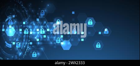 Technologischer Hintergrund mit isometrischem Ornament. Digitale Sicherheit, Datenschutz. Sperren Sie Symbole in der Mitte des Sechskants. Stock Vektor