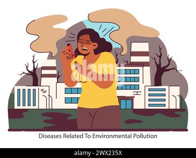 Gesundheitliche Umweltkrise. Die belastenden Auswirkungen der Luftverschmutzung auf die individuelle Gesundheit im städtischen Umfeld. Illustration des flachen Vektors. Stock Vektor