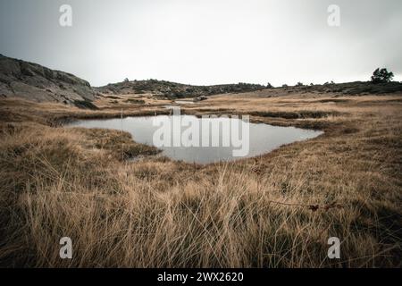 Laguna de los pajaros, Peñalara, sierra de guadarrama, madrid, España. Berglandschaft mit Lagune im Vordergrund Stockfoto