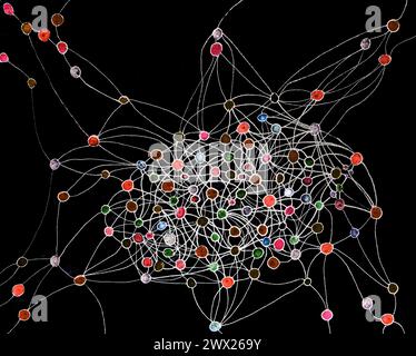 Verbundene bunte Punkte auf schwarzem Hintergrund. Die Dabbing-Technik in der Nähe der Kanten sorgt aufgrund der veränderten Oberflächenrauheit von für einen weichen Fokus Stockfoto