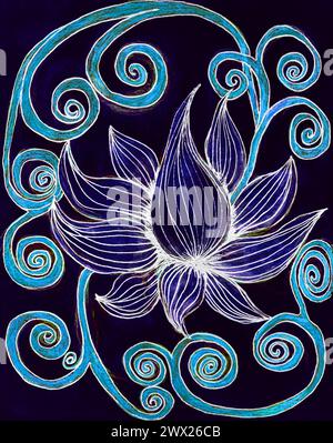 Schwarzer Lotus auf dunklem Hintergrund mit Strichgrafik. Die Dabbing-Technik in der Nähe der Kanten sorgt aufgrund der veränderten Oberflächenrauheit von für einen weichen Fokus Stockfoto