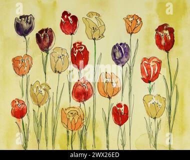 Bunte gekritzelte Tulpen auf gelbem Hintergrund. Die Dabbing-Technik in der Nähe der Kanten sorgt aufgrund der veränderten Oberflächenrauheit von für einen weichen Fokus Stockfoto