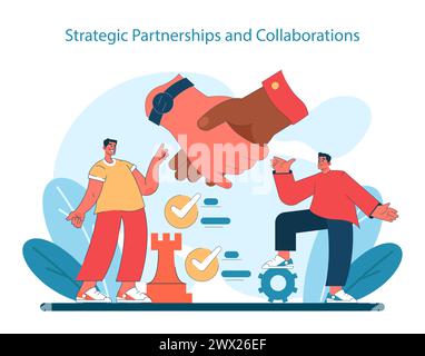 Strategische Partnerschaften und Kollaborationen. Aufbau starker Allianzen und Synergien im Geschäft. Schach als Metapher für taktische Planung. Vektorabbildung. Stock Vektor
