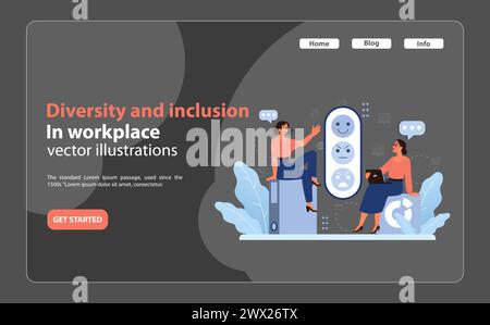 Digitales Feedback-Konzept. Zwei Frauen, die Gesichtsausdrücke zur Stimmungsanalyse analysieren. Positive und negative Reaktionen. Vielfalt am Arbeitsplatz. Illustration des flachen Vektors Stock Vektor