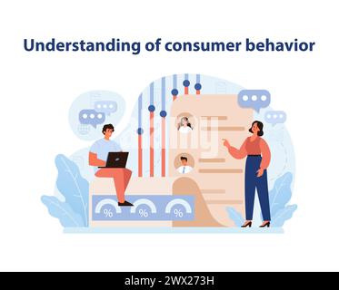 Verständnis Des Verbraucherverhaltens. Eine lebendige Illustration, die das Wesen der Marktforschung und Verbrauchereinblicke für strategische Markenentscheidungen festlegt. Illustration des flachen Vektors. Stock Vektor