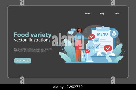 Dietary Choices Illustration. A woman stands by a diverse food menu and water, emphasizing the significance of varied diet for sensory and overall health. Stock Vektor