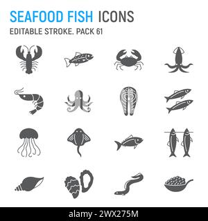 Seafood und Fisch Glyphe Icon Set, Meerestiere Sammlung, Vektorgrafiken, Logo Illustrationen, Meerestiere Vektorsymbole, Meeresfrüchte und Fisch Zeichen, Soli Stock Vektor