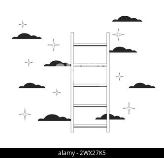 Leiter zu Sternen Wolken schwarz-weiße 2D-Linien-Zeichentrickobjekte Stock Vektor