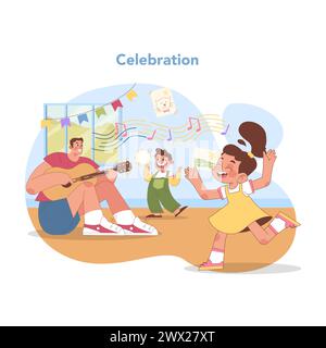 Kindergartenfest mit Musik und Tanz. Glückliche Kinder drücken ihre Freude durch Bewegung und Gesang aus, während der Lehrer auf der Gitarre begleitet wird. Festliche Atmosphäre im Klassenzimmer. Illustration des flachen Vektors Stock Vektor