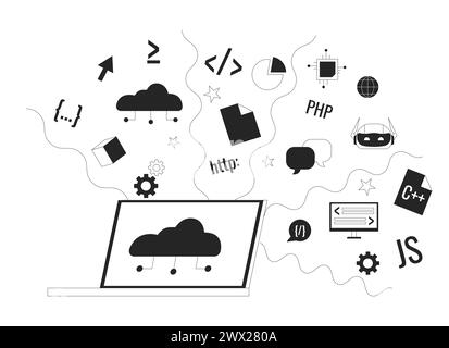 Cloud-basierte Softwareentwicklung Schwarzweiß-2D-Zeichentrickobjekt Stock Vektor