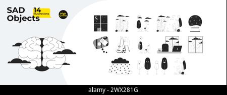 Saisonale Depression Wetter schwarz-weiße 2D-Linien-Cartoon-Objekte bündeln Stock Vektor