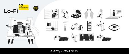 Nostalgisches kuscheliges Paket mit flachen Illustrationen in Schwarz-weiß-Zeichentrickfilm Stock Vektor