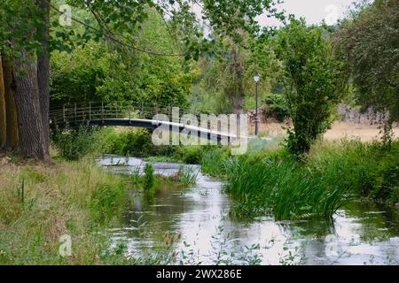 Fußgängerbrücke in einem Landschaftspark über den Fluss Pisuerga Aguilar de Campoo Palencia Kastilien und Leon Spanien Stockfoto