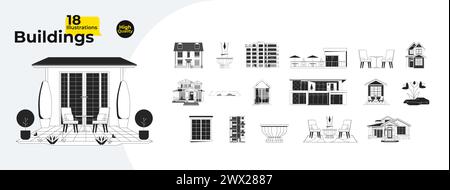 Eingangsgebäude Hinterhofdekor schwarz-weiße 2D-ZeilenComic-Objekte bündeln sich Stock Vektor