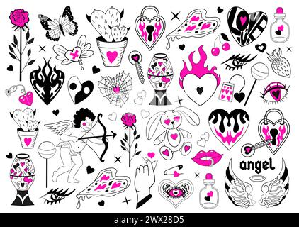 Valentinstag-Set mit Elementen. Love Modern Kollektion Handzeichnung mit brennendem Herzen, Blume, Rose.Y2K 2000er Jahre süße Emo Gothic ästhetische Aufkleber Stock Vektor