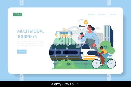 Multimodales Fahrtenkonzept. Effizienter Stadtverkehr mit kombiniertem Fahrrad- und Zugverkehr. Integriertes Nahverkehrsnetz. Stock Vektor
