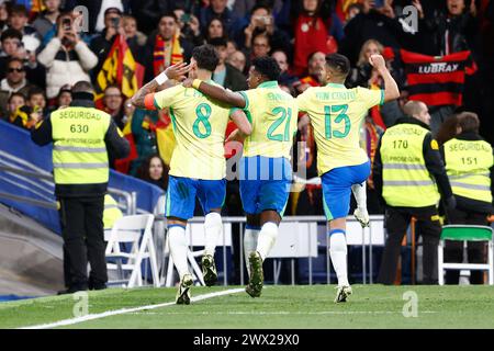 Madrid, Spanien, 26. März 2024, Lucas Paqueta aus Brasilien feiert ein Tor während des Internationalen Freundschaftsfußballspiels zwischen Spanien und Brasilien am 26. März 2024 im Santiago Bernabeu Stadion in Madrid, Spanien Stockfoto