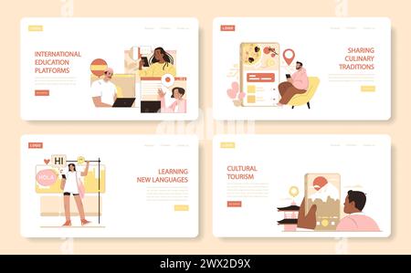 Global Learning and Cuisine Set. Online-Plattformen fördern internationale Bildung, Spracherwerb, kulinarisches Teilen und Reisen. Weltweite Kultur. Vektorabbildung. Stock Vektor