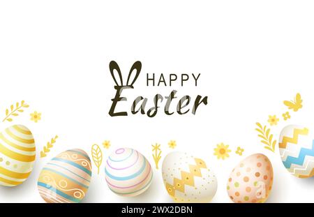 Osterferien, Hase mit einem Korb mit Ostereiern, Osterhase und Eiern. Vektor Stock Vektor