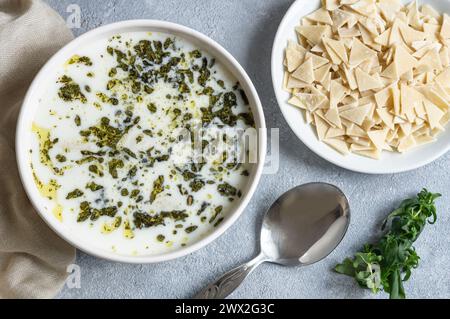 Traditionelle türkische hausgemachte dreieckige Joghurtteigsuppe mit Öl und getrockneten Minzblättern Stockfoto