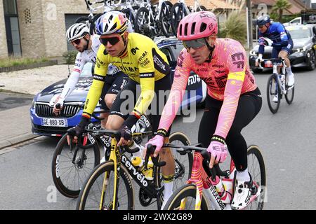 Waregem, Belgien. März 2024. Der belgische Wout van Aert vom Team Visma-Lease a Bike und der Italiener Alberto Bettiol von EF Education-EasyPost wurden am Mittwoch, den 27. März 2024, während des Männer-Elite-Rennens des „Dwars Door Vlaanderen“-Radrennens, 188, 6 km von Roeselare nach Waregem, in Aktion genommen. BELGA FOTO DAVID PINTENS Credit: Belga News Agency/Alamy Live News Stockfoto