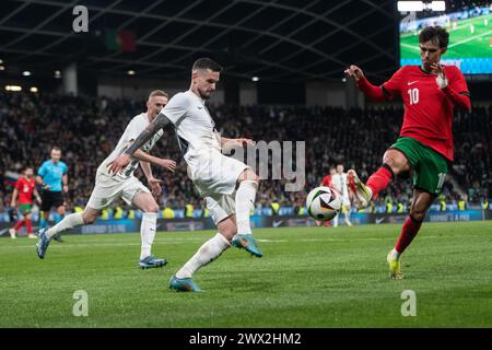 Peter Stojanovic (L) aus Slowenien und Joao Felix (R) aus Portugal im Spiel während des internationalen Freundschaftsspiels zwischen Slowenien und Portugal im Stozice-Stadion. Endergebnis Slowenien 2:0 Portugal. (Foto: Milos Vujinovic / SOPA Images/SIPA USA) Stockfoto