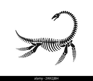 Dinosaurier Skelett Fossil oder Plesiosaurus dino Bones, Vektor Jurassic Reptil. Marine Dinosaurier-Eidechse oder archäologisches Fossil Skelett des ausgestorbenen Reptils Plesiosaurus mit Knochen-Silhouettenabdruck Stock Vektor