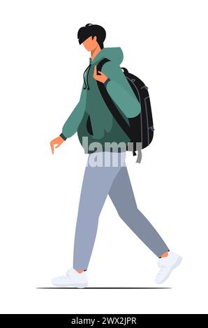 Junge Studentin in grünem Sweatshirt und schwarzem Rucksack. Glücklicher Teenager in legeren Klamotten. Jugendstil. Isoliert auf weißem Hintergrund. Stockfoto