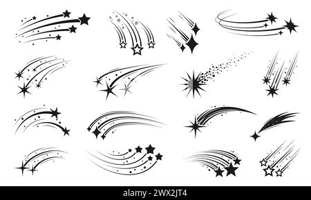 Aufnahmen von Weltraumsternen, fallenden Galaxienkometen und Meteoren mit Trails, Nachthimmel-Meteoriten-Silhouetten. Cosmic starburst und TRACES monochrome Vektorsymbole gesetzt. Lichtstreifen und Energie in Bewegung Stock Vektor