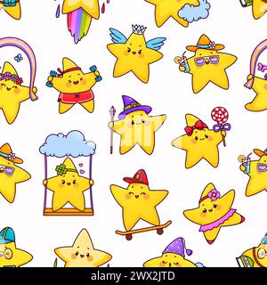 Niedliche Kawaii-Sterne und funkelnde Zeichen nahtloses Muster, Vektor-Hintergrund für Kinder. Lächelnder und fröhlicher Star mit Regenbogen, lustiger funkelnder Engel und Zauberer mit Zauberstab oder Lutscher auf Wolken Stock Vektor