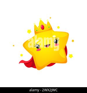 Cartoon süßer, fröhlicher Kawaii-Star und fröhlicher Glitzer-Charakter in goldener Krone und einem leuchtend roten cape. Isolierte Vektor freudige toon-Persönlichkeit strahlt pure Freude und Niedlichkeit aus, erleuchten die himmlische Welt Stock Vektor