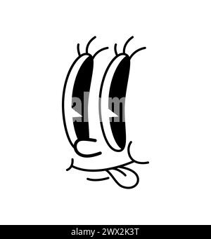 Comic lustige Comic-Groovige Gesichts-Emotionen und süße Retro-Emoji-Figur. Vektor süßes Lächeln Emoticon mit klebender Zunge. Fröhlicher Gesichtsausdruck mit Brillenaugen, glückliche positive Gefühle Stock Vektor