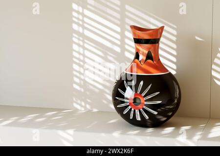 Schwarze hölzerne abstrakte afrikanische Design Vase im Zimmer mit weißer Wand und Sonnenschatten extreme Nahaufnahme.. 3D-Rendering Stockfoto