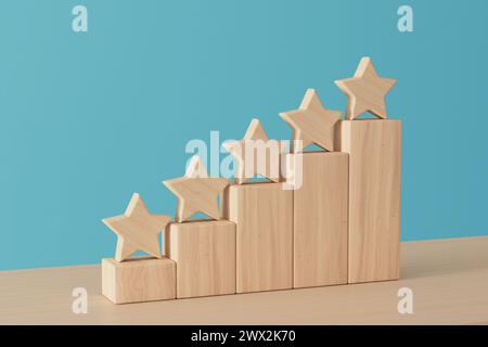 Holzblock fünf hochwertige Sterne Form auf blauem Hintergrund. 3D-Rendering Stockfoto